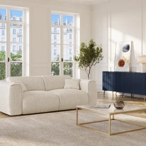 Express-driezitsslaapbank van beige stof met textuur POGNIA Express-driezitsslaapbank van beige stof met textuur POGNIA