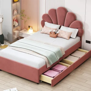 Fluweel gestoffeerd eenpersoonsbed met 2 lades – 90x200cm – bloemvormig hoofdeinde – met lattenbodem – Rood Fluweel gestoffeerd eenpersoonsbed met 2 lades – 90x200cm – bloemvormig hoofdeinde – met lattenbodem – Rood