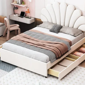 Fluweel gestoffeerd tweepersoonsbed met 4 lades – 140x200cm – bloemvormig hoofdeinde – met lattenbodem – Beige Fluweel gestoffeerd tweepersoonsbed met 4 lades – 140x200cm – bloemvormig hoofdeinde – met lattenbodem – Beige