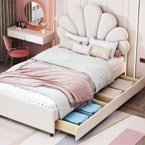 Fluweel gestoffeerd eenpersoonsbed met 2 lades – 90x200cm – bloemvormig hoofdeinde – met lattenbodem – Beige Fluweel gestoffeerd eenpersoonsbed met 2 lades – 90x200cm – bloemvormig hoofdeinde – met lattenbodem – Beige