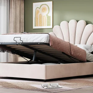 Fluweel gewatteerd opbergbed – 140x200cm – bloemvormig hoofdeinde – met lattenbodem – Beige Fluweel gewatteerd opbergbed – 140x200cm – bloemvormig hoofdeinde – met lattenbodem – Beige