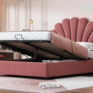 Fluweelzacht opbergbed – 140×200 cm – hoofdeinde in bloemvorm – met lattenbodem – Roze Fluweelzacht opbergbed – 140×200 cm – hoofdeinde in bloemvorm – met lattenbodem – Roze