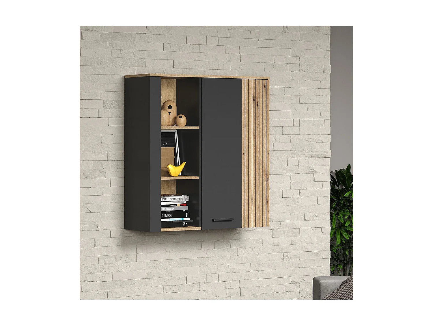 Esteban vitrinekast wandkast grijs, eik decor.