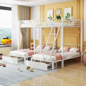 Driedubbele stapelbedden met 2 laden – tweepersoonsbed 140 x 200 cm en 2 eenpersoonsbedden 90 x 200 cm – metaal – wit Driedubbele stapelbedden met 2 laden – tweepersoonsbed 140 x 200 cm en 2 eenpersoonsbedden 90 x 200 cm – metaal – wit