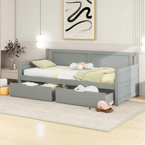 Eenpersoonsbed 90 x 200 cm met 2 massief houten lades voor kinderen – lattenbodem – grijs