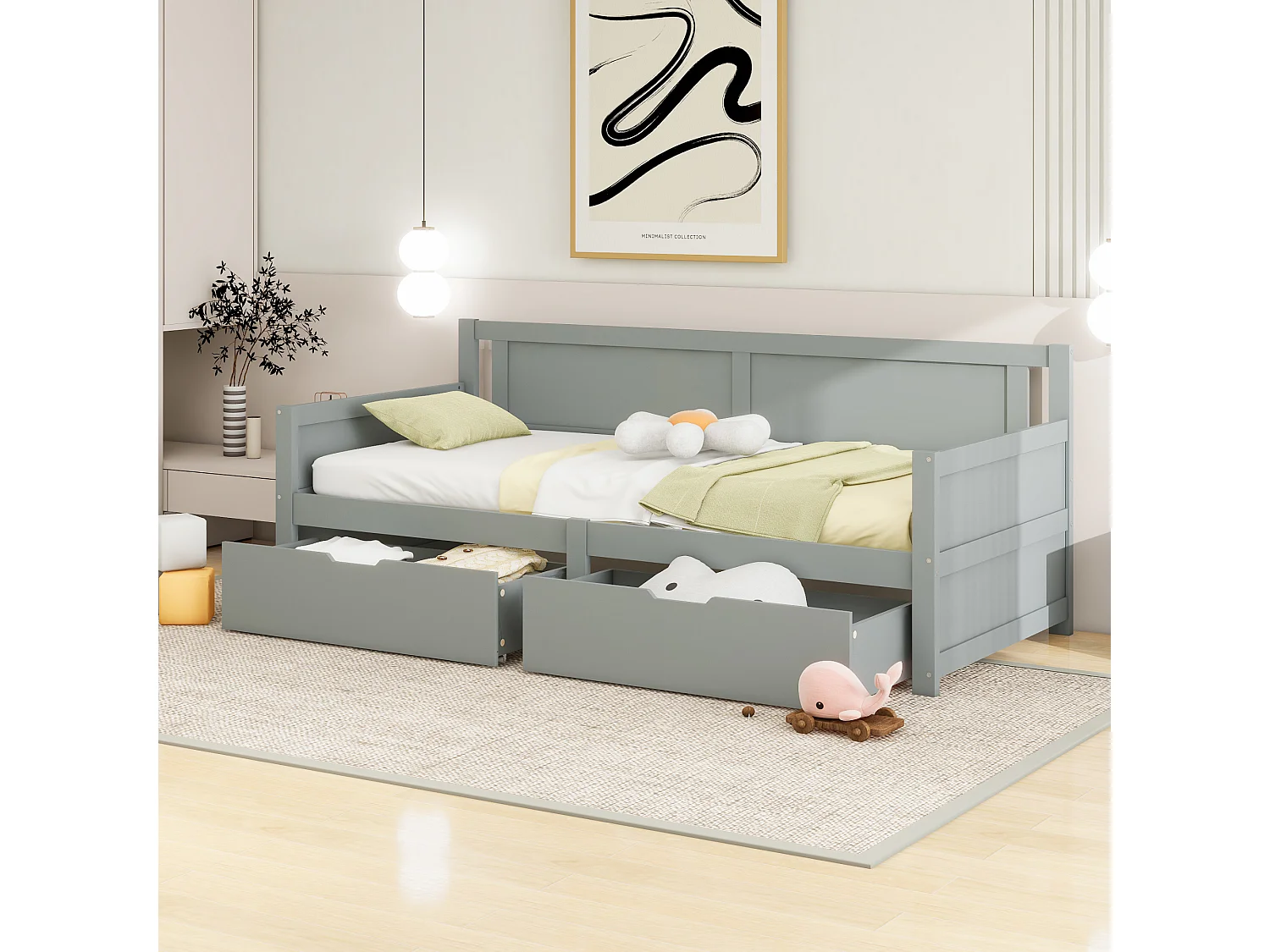 Eenpersoonsbed 90 x 200 cm met 2 massief houten lades voor kinderen - lattenbodem - grijs