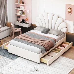 Fluweel gestoffeerd bed 140 x 200 cm met 4 laden – bloemvormig hoofdeinde – beige Fluweel gestoffeerd bed 140 x 200 cm met 4 laden – bloemvormig hoofdeinde – beige