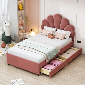Fluweel gestoffeerd bed 90 x 200 cm met 4 lades – bloemvormig hoofdeinde – roze Fluweel gestoffeerd bed 90 x 200 cm met 4 lades – bloemvormig hoofdeinde – roze