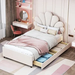 Fluweel gestoffeerd bed 90 x 200 cm met 4 laden – bloemvormig hoofdeinde – beige Fluweel gestoffeerd bed 90 x 200 cm met 4 laden – bloemvormig hoofdeinde – beige