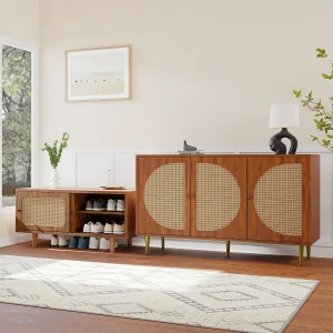 Dressoirset voor woonkamer – Ladekast met 3 deuren + schoenenkast met schuifdeuren – Spaanplaat – Rotan patroon – Walnoot
