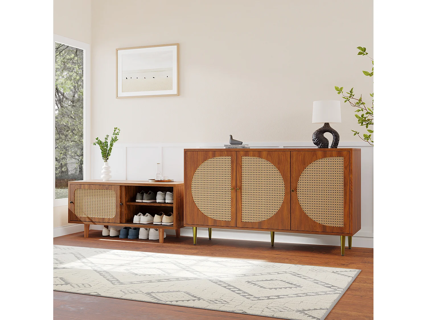 Dressoirset voor woonkamer - Ladekast met 3 deuren + schoenenkast met schuifdeuren - Spaanplaat - Rotan patroon - Walnoot