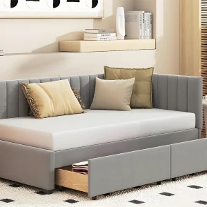 Fluweel gestoffeerde slaapbank 90x200cm – met 2 grote lades en lattenbodem – Grijs Fluweel gestoffeerde slaapbank 90x200cm – met 2 grote lades en lattenbodem – Grijs