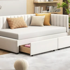 Fluweel gestoffeerde slaapbank 90x200cm – met 2 grote lades en lattenbodem – Wit Fluweel gestoffeerde slaapbank 90x200cm – met 2 grote lades en lattenbodem – Wit