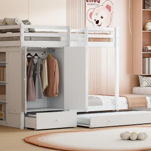 Gecombineerd stapelbed 2x90x200 cm + onderschuifbed 90×190 cm – met 1 kledingkast, 2 lades en planken – Wit Gecombineerd stapelbed 2x90x200 cm + onderschuifbed 90×190 cm – met 1 kledingkast, 2 lades en planken – Wit
