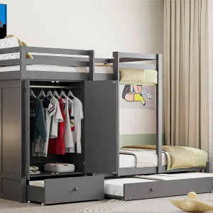 Gecombineerd stapelbed 2x90x200 cm + onderschuifbed 90×190 cm – met 1 kledingkast, 2 lades en planken – Grijs Gecombineerd stapelbed 2x90x200 cm + onderschuifbed 90×190 cm – met 1 kledingkast, 2 lades en planken – Grijs