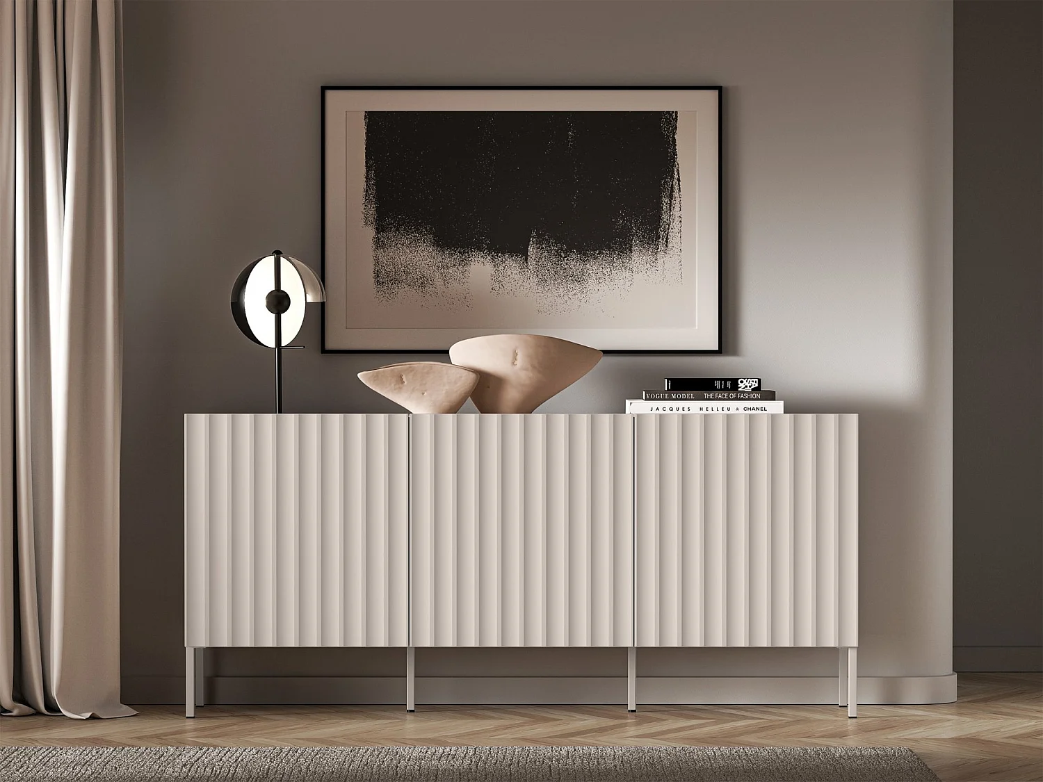 Driedeurs ladekast met gecanneleerde fronten - 170 cm - lichtbeige - DERRIVA