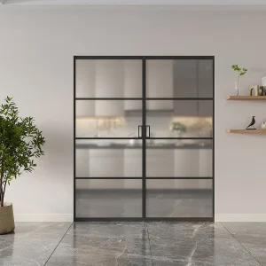 Dubbele schuifdeur met klamplaagsysteem in matglas, aluminium, 2 x H205 x L83 cm SINCA II Dubbele schuifdeur met klamplaagsysteem in matglas, aluminium, 2 x H205 x L83 cm SINCA II
