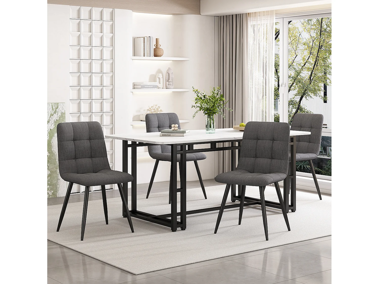 Eettafelset 140 x 80 cm met 4 stoelen met linnen bekleding - zwarte metalen poten - Wit + grijs