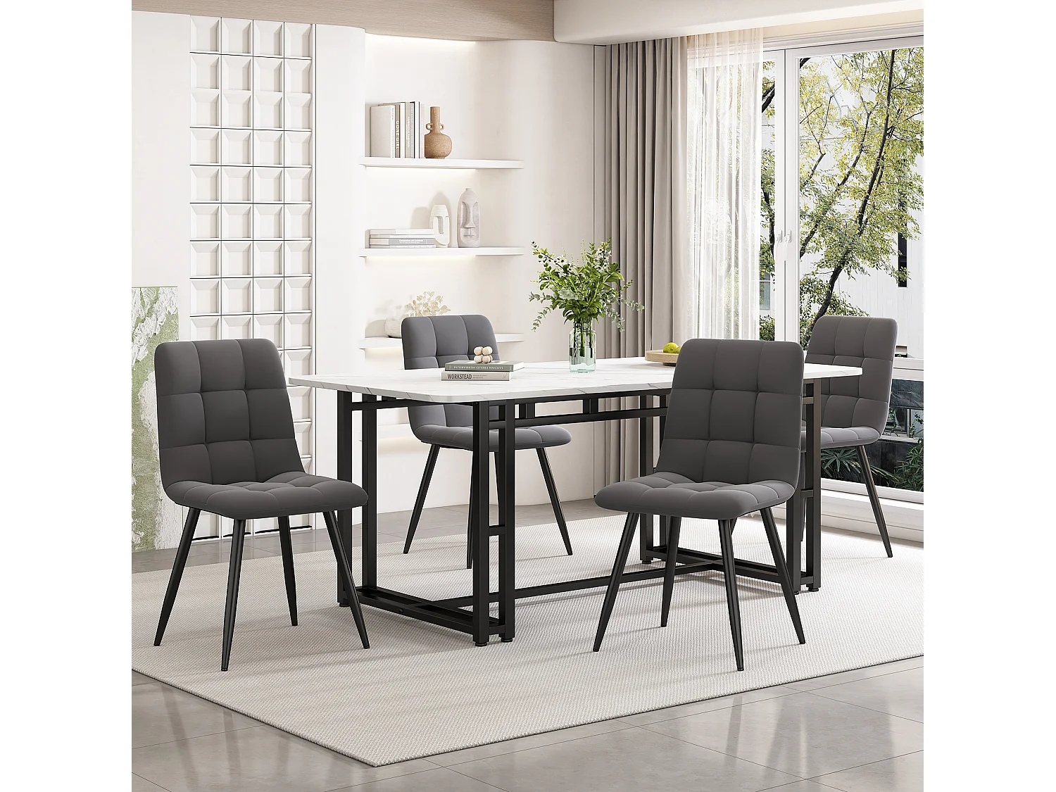 Eettafelset 140 x 80 cm met 4 stoelen bekleed met fluweel - zwarte metalen poten - Wit + grijs