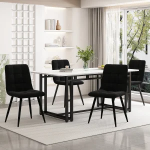 Eettafelset 140 x 80 cm met 4 fluwelen stoelen – metalen poten – Wit + zwart Eettafelset 140 x 80 cm met 4 fluwelen stoelen – metalen poten – Wit + zwart