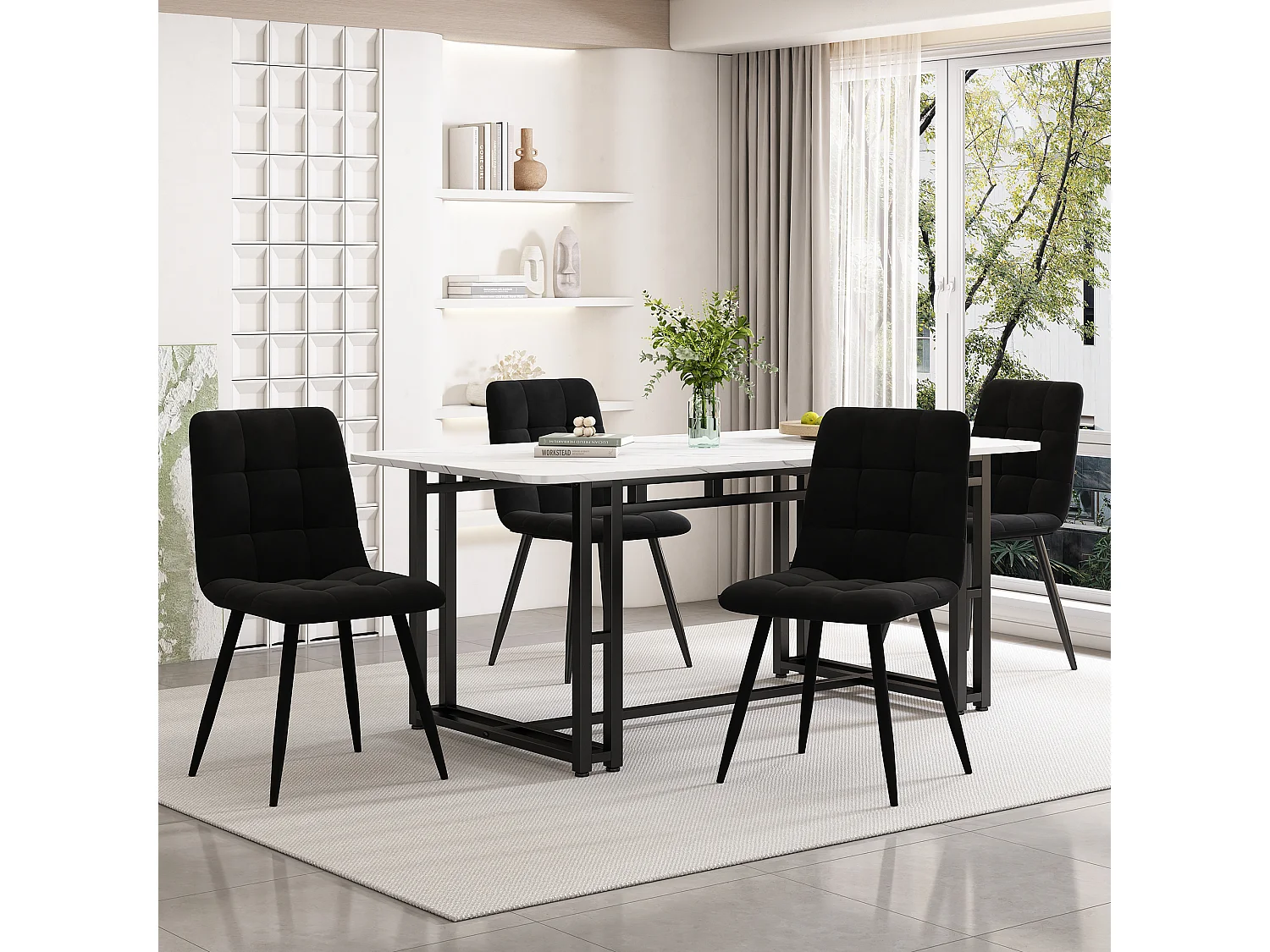 Eettafelset 140 x 80 cm met 4 fluwelen stoelen - metalen poten - Wit + zwart
