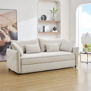 Driezitsslaapbank van beige stof met zitting met vormgeheugen SITALA Driezitsslaapbank van beige stof met zitting met vormgeheugen SITALA