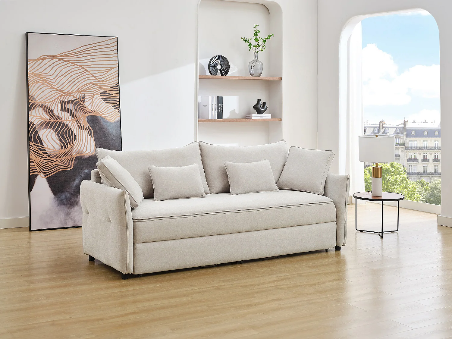 Driezitsslaapbank van beige stof met zitting met vormgeheugen SITALA