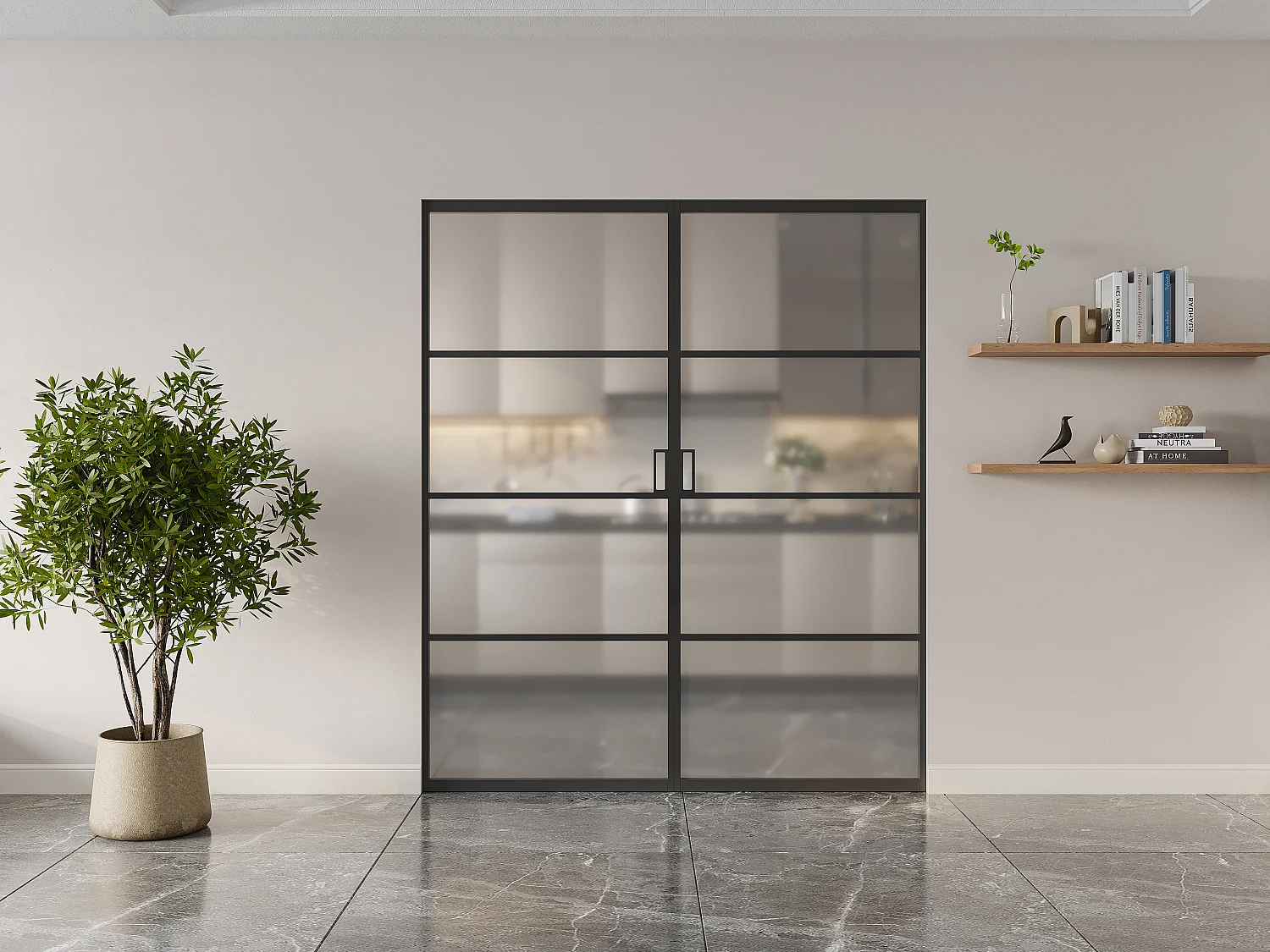 Dubbele schuifdeur met klamplaagsysteem in matglas, aluminium, 2 x H205 x L73 cm SINCA II