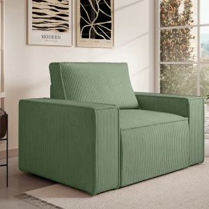 Design fauteuil in amandelgroen ribfluweel AMELIA