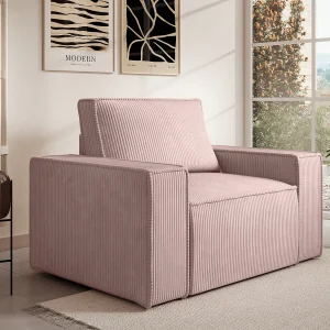 Design fauteuil in poederroze ribfluweel AMELIA Design fauteuil in poederroze ribfluweel AMELIA