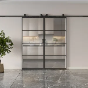 Dubbele schuifdeur met wandbevestiging in matglas, aluminium, 2 x H205 x L73 cm SINCA II Dubbele schuifdeur met wandbevestiging in matglas, aluminium, 2 x H205 x L73 cm SINCA II