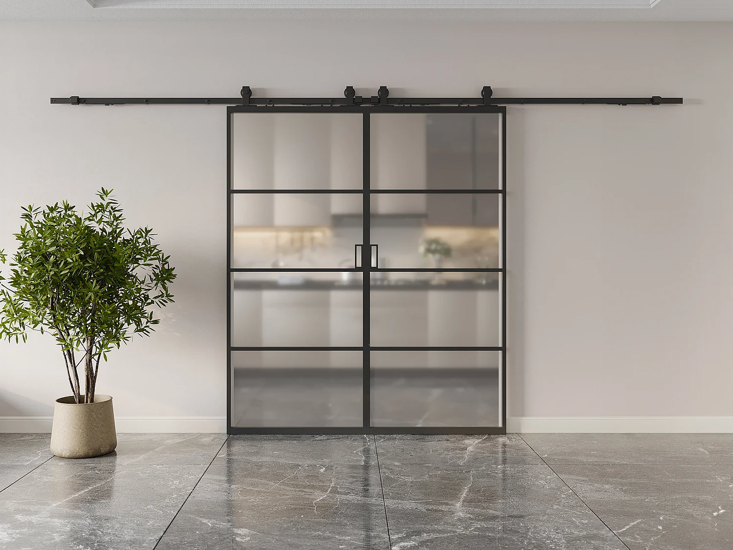 Dubbele schuifdeur met wandbevestiging in matglas, aluminium, 2 x H205 x L73 cm SINCA II