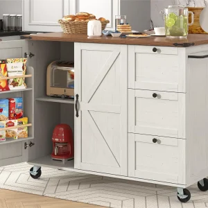 Centrale keukeneiland – met uitschuifbaar bord – 2 deuren en 3 lades – Beige