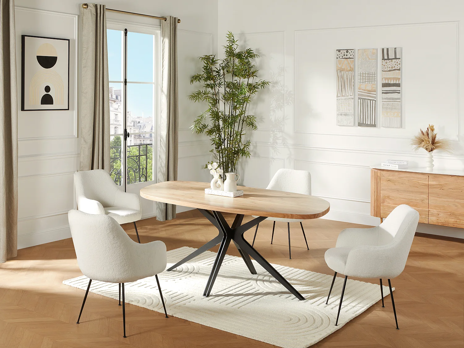 Eettafel 8 personen in acaciahout en metaal - Houtlook en zwart - LIVIANI