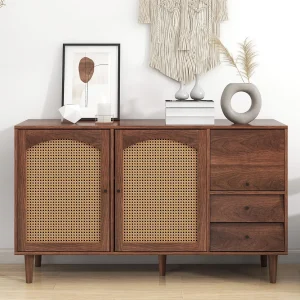 Dressoir met 3 deuren en 2 laden – deuren van geweven hars – landelijke stijl – Bruin