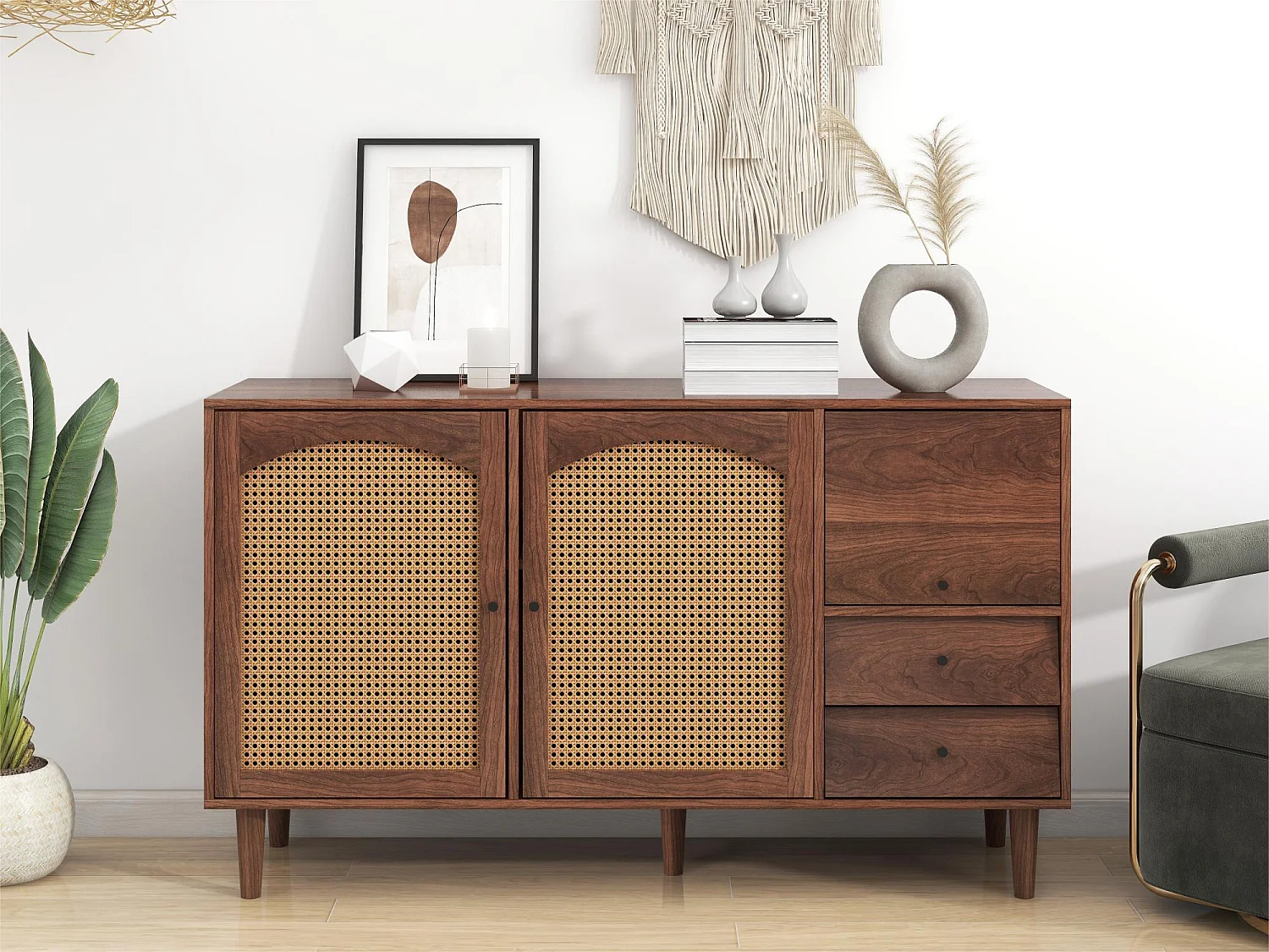 Dressoir met 3 deuren en 2 laden - deuren van geweven hars - landelijke stijl - Bruin