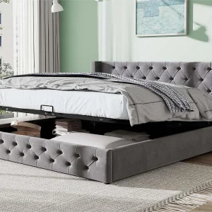 Fluwelen opbergbed 160x200cm met lattenbodem – Grijs