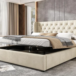 Fluweel gewatteerd opbergbed 160x200cm met lattenbodem – Beige Fluweel gewatteerd opbergbed 160x200cm met lattenbodem – Beige