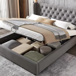 Fluweel gewatteerd opbergbed 140x190cm met lattenbodem – Grijs Fluweel gewatteerd opbergbed 140x190cm met lattenbodem – Grijs
