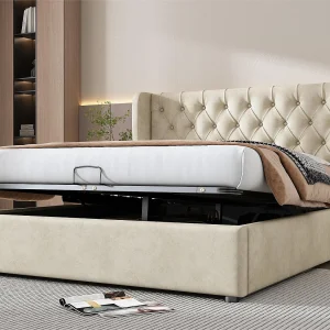 Fluweel gewatteerd opbergbed 140x200cm met lattenbodem – Beige Fluweel gewatteerd opbergbed 140x200cm met lattenbodem – Beige