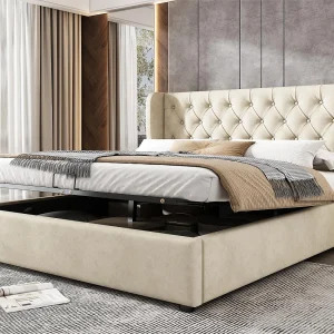 Fluweel gewatteerd opbergbed 180x200cm met lattenbodem – Beige Fluweel gewatteerd opbergbed 180x200cm met lattenbodem – Beige