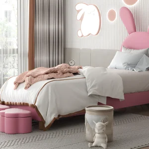 Fluwelen kinderbed – 90×200 cm – opvouwbare konijnenoren met LED – 2 opbergkrukjes – Roze Fluwelen kinderbed – 90×200 cm – opvouwbare konijnenoren met LED – 2 opbergkrukjes – Roze