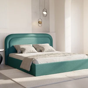 Bed met opbergruimte 160 x 200 cm in gevlamde blauwgroene stof – FIREZA Bed met opbergruimte 160 x 200 cm in gevlamde blauwgroene stof – FIREZA