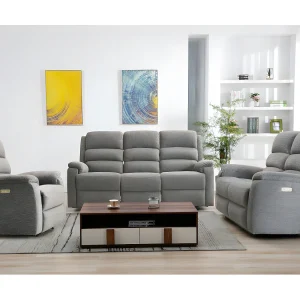 Elektrische driezits en tweezits relaxbank + relaxfauteuil van stof met plateau NEVERS Elektrische driezits en tweezits relaxbank + relaxfauteuil van stof met plateau NEVERS