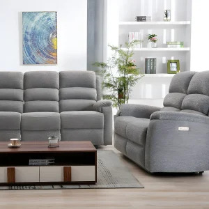 Elektrische driezits en tweezits relaxbank van stof met plateau NEVERS – Grijs Elektrische driezits en tweezits relaxbank van stof met plateau NEVERS – Grijs