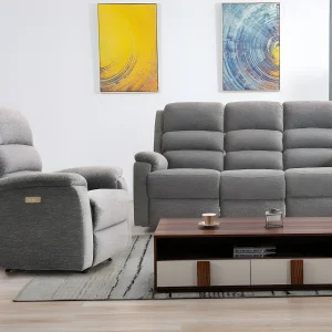 Elektrische driezits relaxbank en relaxfauteuil van stof met plateau NEVERS – Grijs Elektrische driezits relaxbank en relaxfauteuil van stof met plateau NEVERS – Grijs
