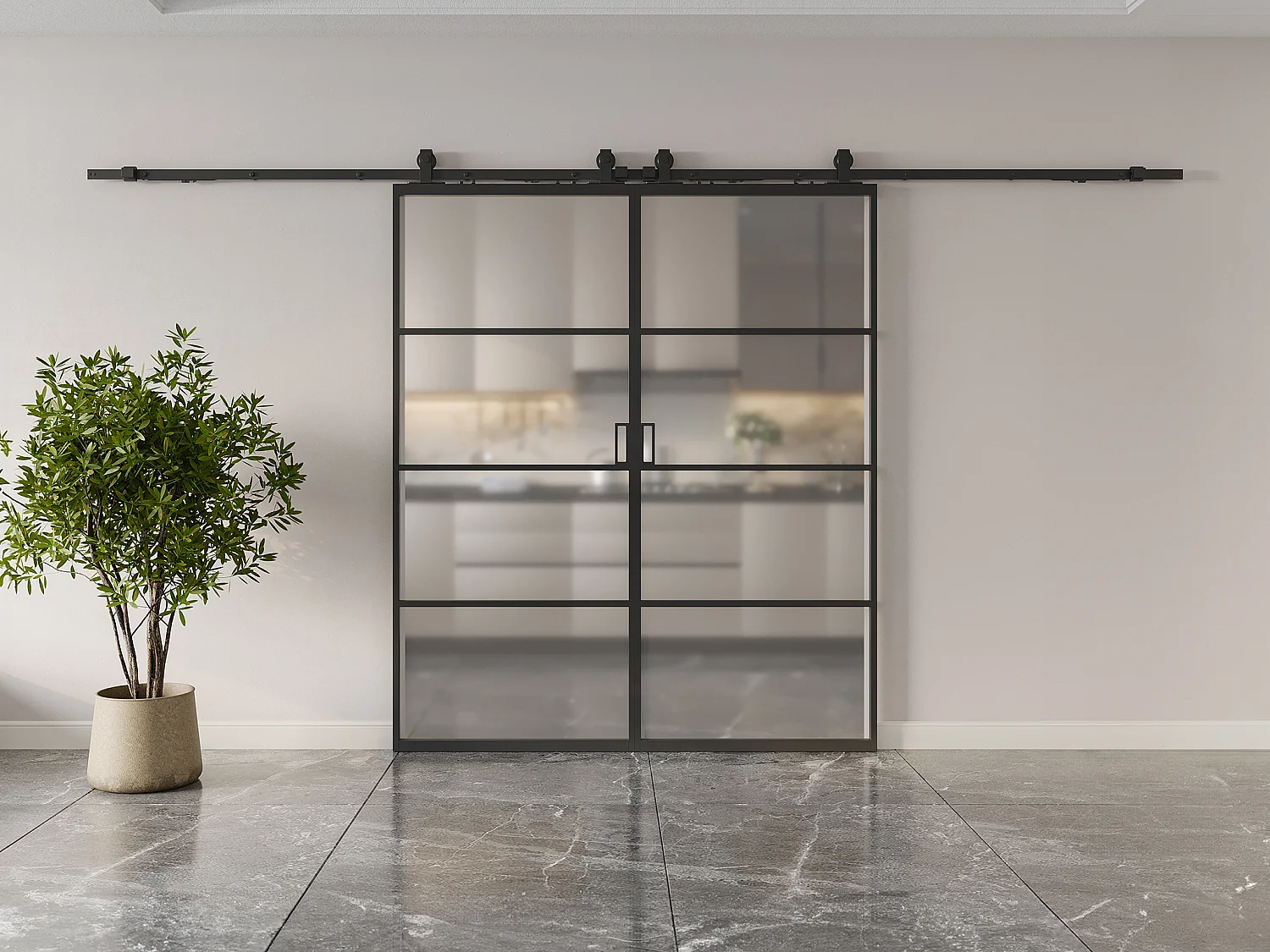 Dubbele schuifdeur met wandbevestiging in matglas, aluminium, 2 x H205 x L83 cm SINCA II