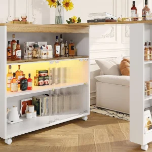 Dressoir、Draaibare en uitschuifbare barkast met LED – vakken en kruidenrek – Wit Dressoir、Draaibare en uitschuifbare barkast met LED – vakken en kruidenrek – Wit