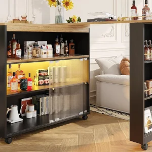 Dressoir、Draaibare en uitschuifbare barkast met LED – vakken en kruidenrek – Zwart Dressoir、Draaibare en uitschuifbare barkast met LED – vakken en kruidenrek – Zwart