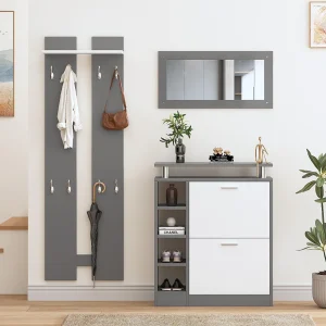 Entreemeubelset – 1 spiegel + 2 wandpanelen + 1 schoenenkast – Grijs